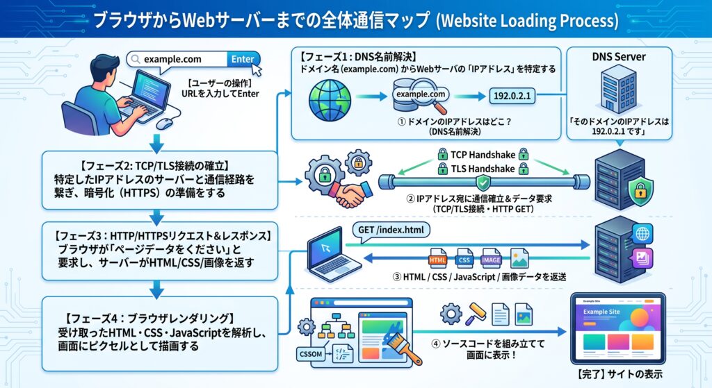 ブラウザからWebサーバーまでの全体通信マップ